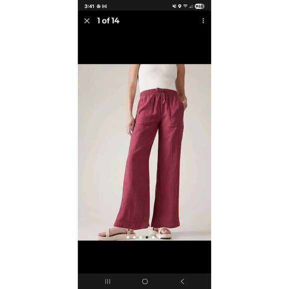 Athleta Size 24 Red Retreat Wide Leg 100% Linen Elastic Waist Drawstring Pants - Picture 2 of 14